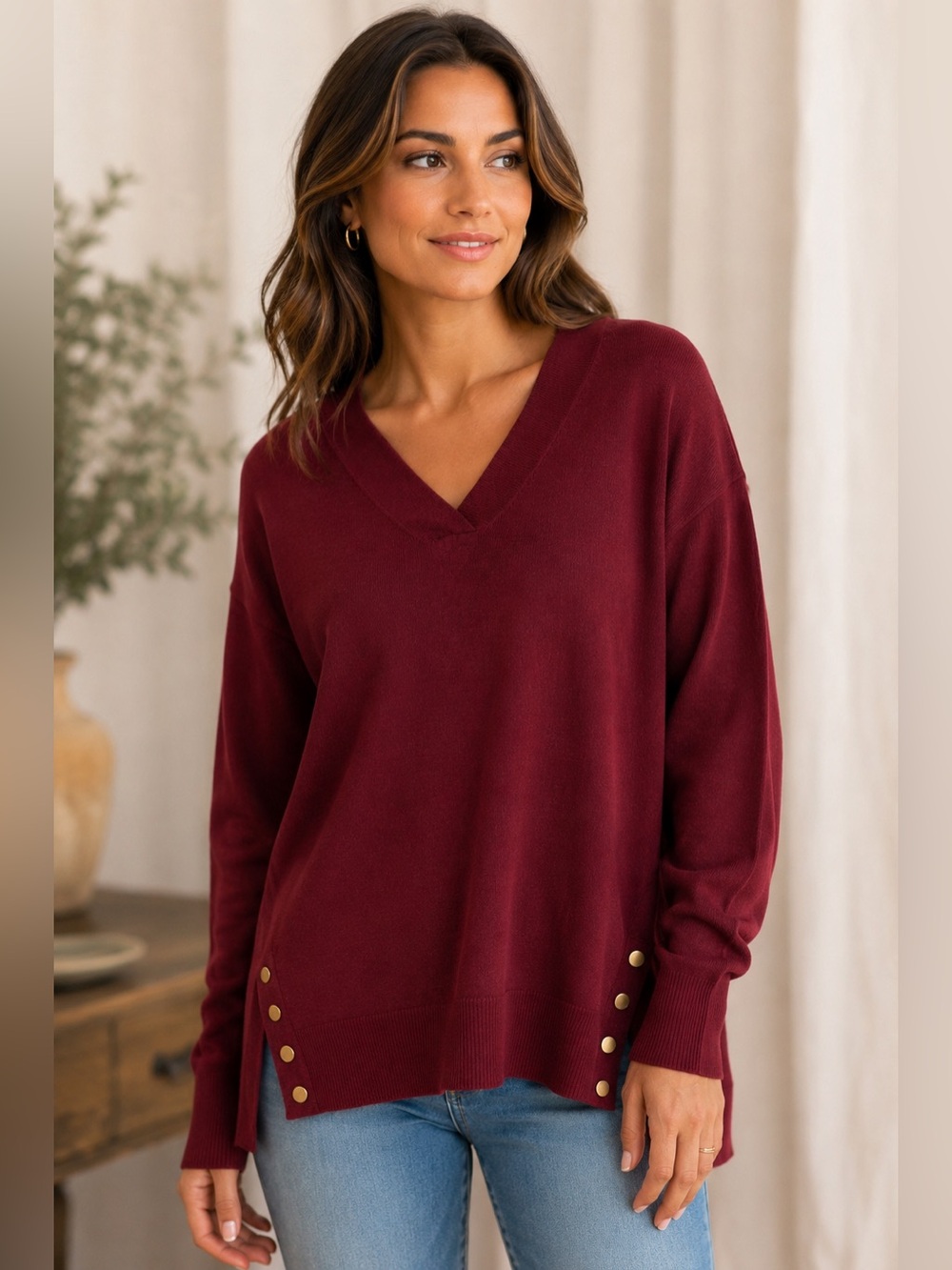 JM Collection Burgundy Sweater with Gold Accents